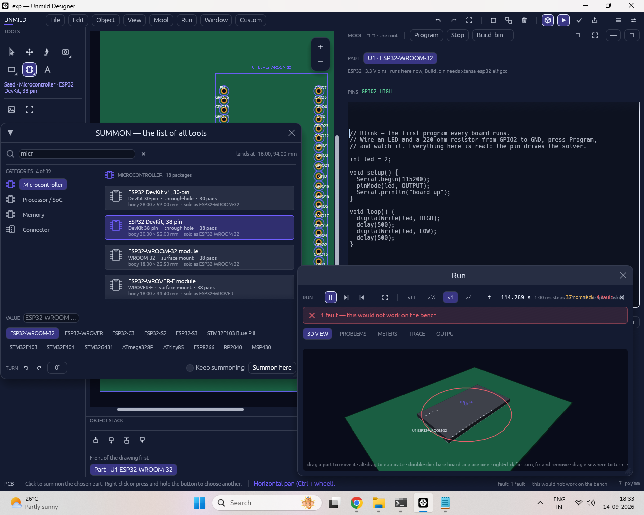 Unmild Designer with the Mool embedded firmware editor open for an ESP32, a C++ blink program visible, and the Run 3D behavior window alongside the PCB.